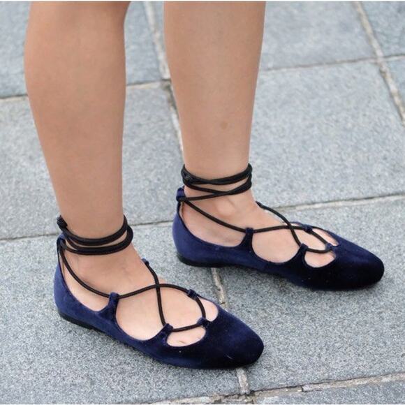 💙 ZARA Velvet Ballet Flats NWT | Ankle Wrap Tie Closure Navy Blue 7.5–9 - Picture 10 of 16